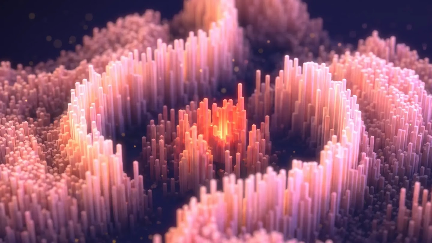 An abstract 3D render of a wave-like landscape composed of glowing pink and orange vertical columns.