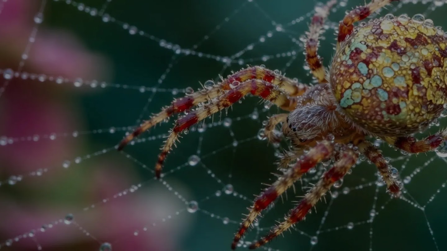 A detailed macro photograph of a colorful spider covered in water droplets on its web.