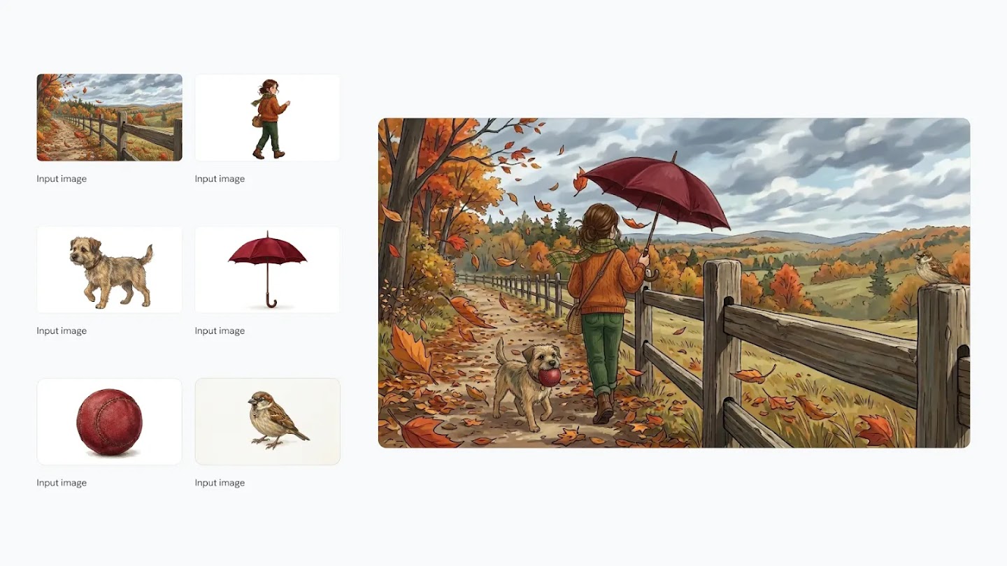 A collage featuring six input icons on the left: an autumn landscape, a girl in a sweater, a terrier dog, a red umbrella, a red ball, and a sparrow. The main image on the right is a stylized illustration of the girl walking down a leaf-strewn path by a wooden fence, holding the red umbrella, while the terrier follows her with the red ball in its mouth. The scene perfectly captures the color palette and characters from the input images.