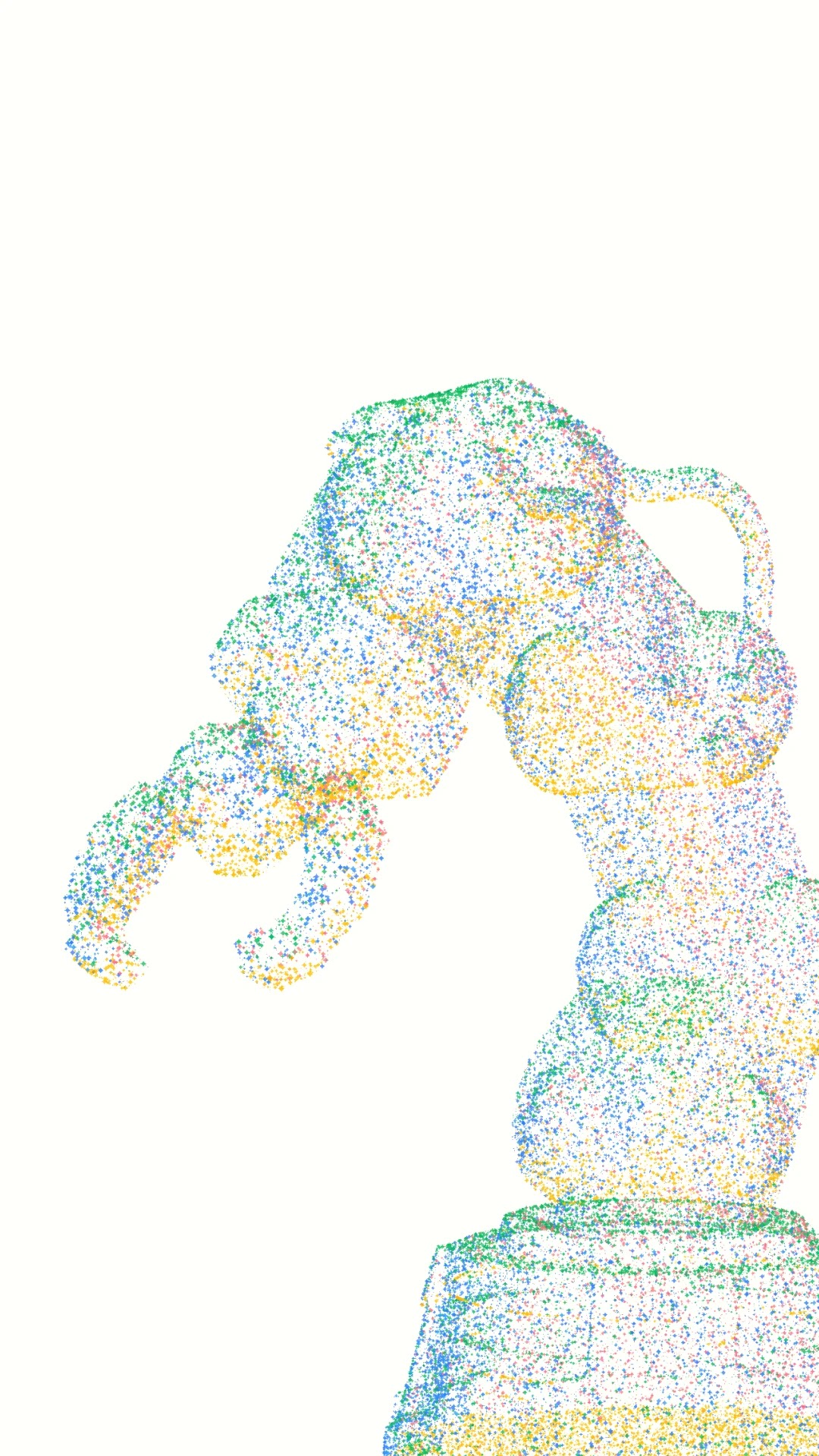 An abstract robotic arm formed by multicolored digital particles on a white background, representing Gemini Robotics On-Device 2.