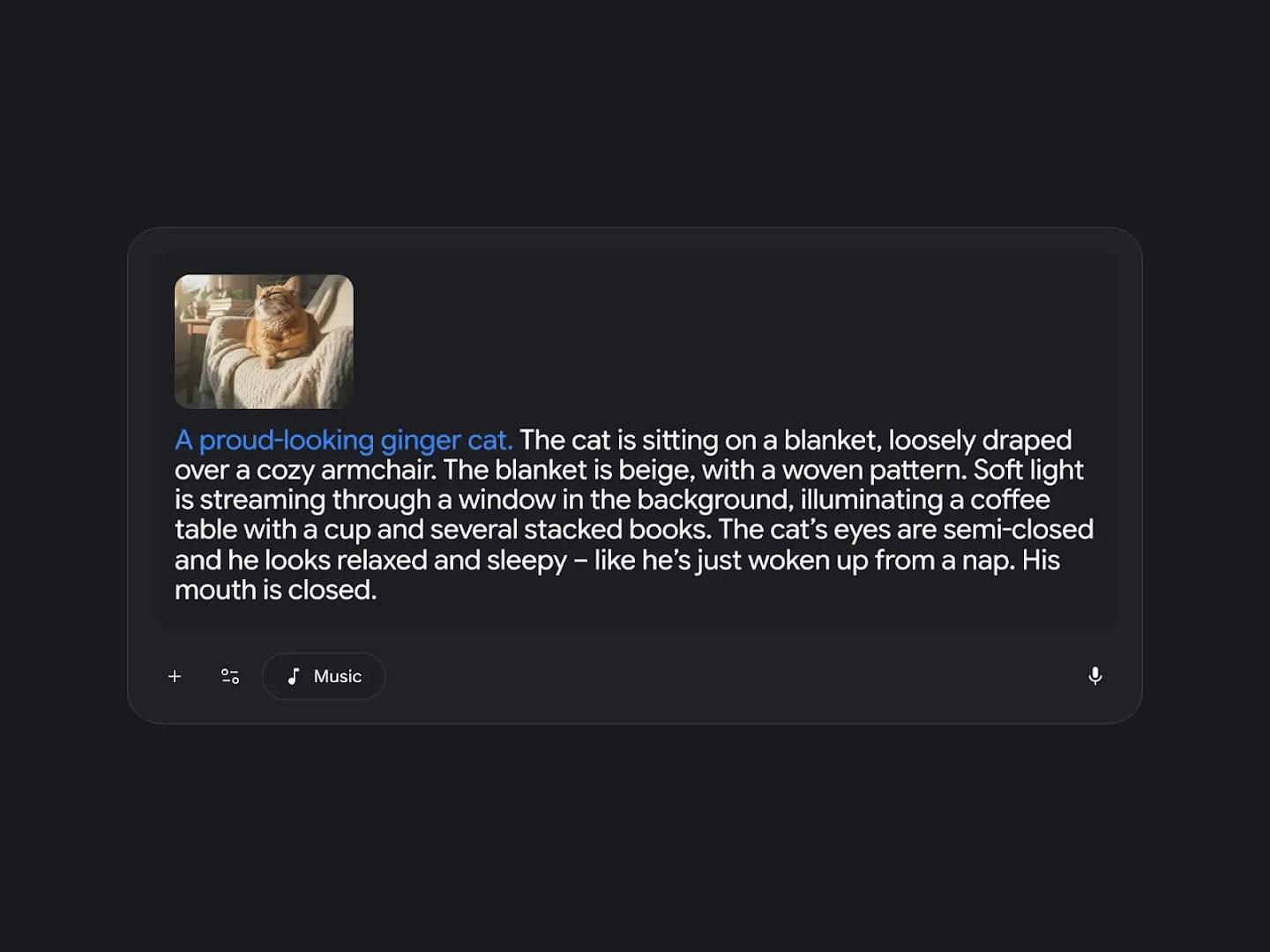 An image of a grey music generation interface featuring a small thumbnail of a ginger cat sitting in a cozy armchair. The text prompt describes the scene in detail, with a specific blue highlight on the primary subject: "A proud-looking ginger cat."