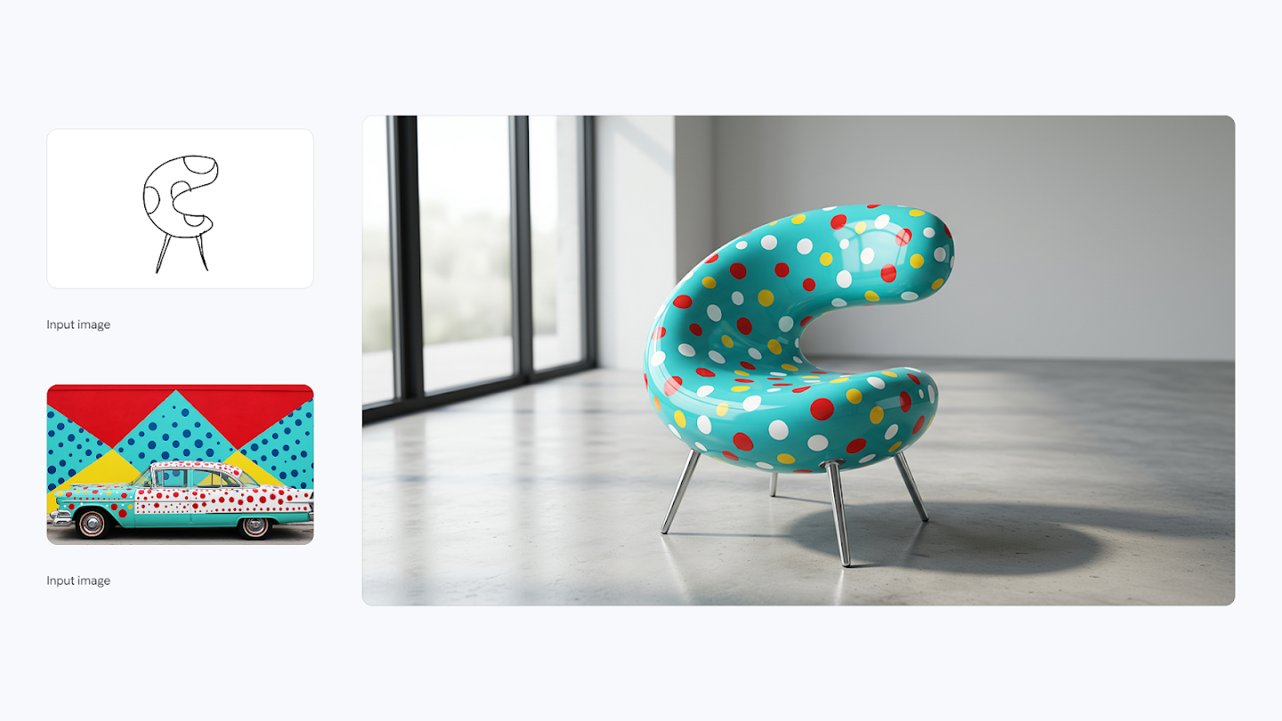 A design process image where a line sketch of a curved chair is combined with a reference photo of a colorful polka-dotted vintage car. The output is a photorealistic 3D rendering of the chair, which now features the glossy, bright blue, red, and yellow polka dot pattern from the car, placed in a modern minimal interior.