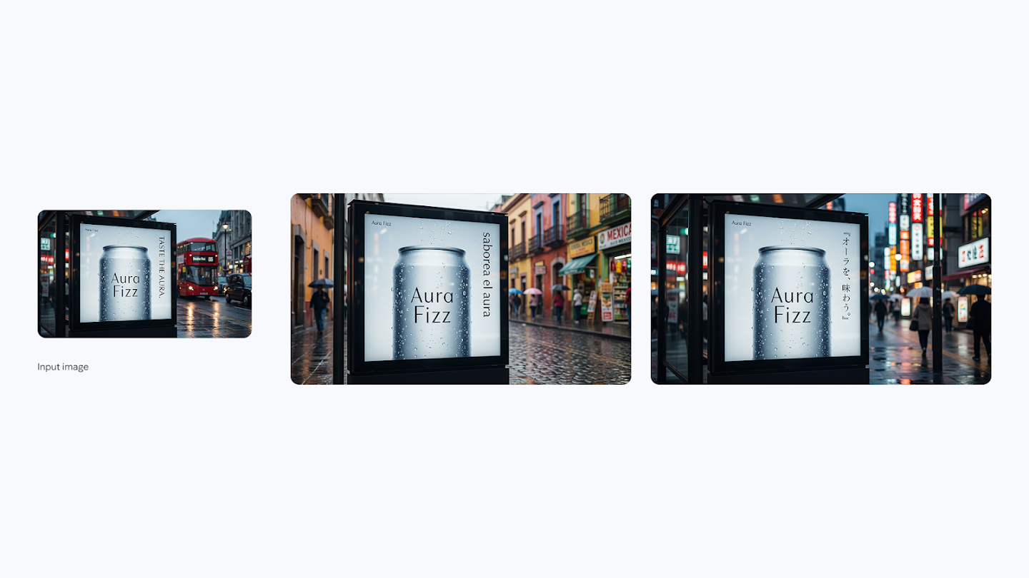 Three panels showing the localization of an outdoor digital billboard for a drink called 'Aura Fizz.' The first panel shows the ad in English ('TASTE THE AURA') on a rainy London street with a double-decker bus; the middle panel shows the ad in Spanish ('saborea el aura') on a colorful colonial street; the third panel shows the ad in Japanese in a neon-lit urban setting.