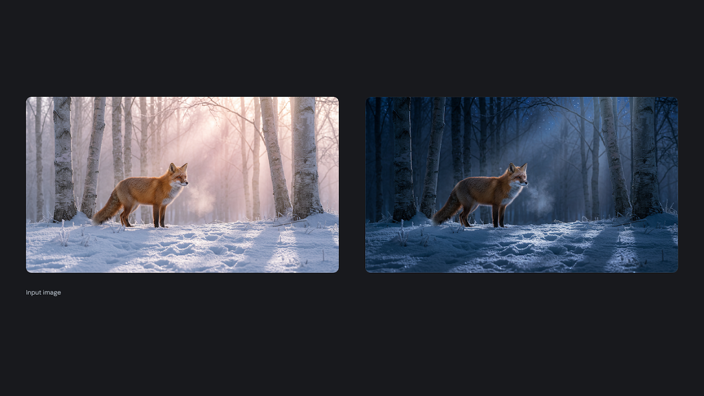 A comparison showing how color grading changes the mood of a photo of a red fox in a snowy birch forest. On the left, the scene is lit with warm, pink sunlight. On the right, the same image is color-graded with cool, deep blue tones to simulate a moonlit night.