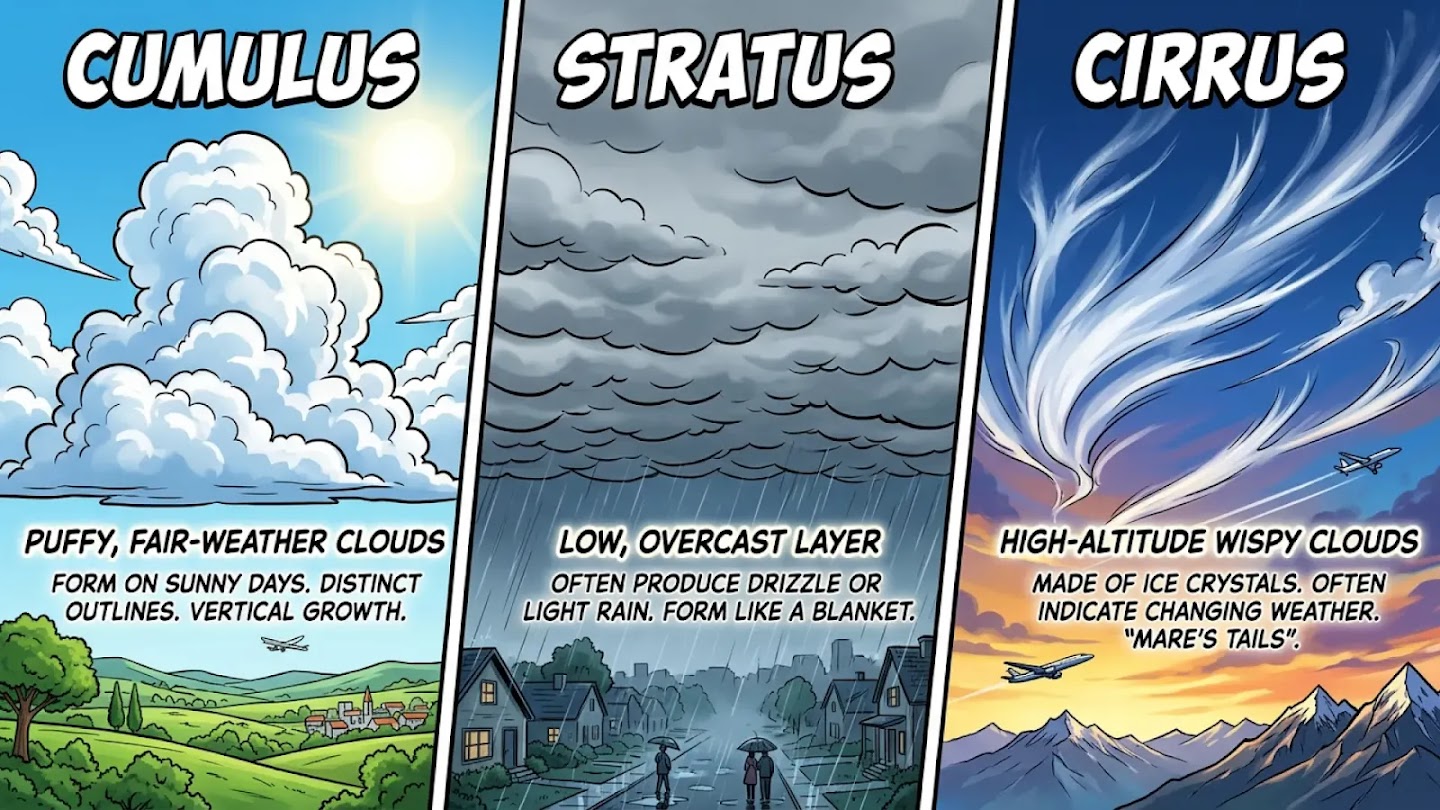 An educational three-panel illustration comparing cloud types: the first panel shows "Cumulus" clouds as puffy, fair-weather clouds with vertical growth over a sunny green landscape; the second shows "Stratus" as a low, grey overcast layer producing light rain over a suburban street; and the third shows "Cirrus" as high-altitude, wispy "mare's tails" made of ice crystals over a mountain range at sunset.