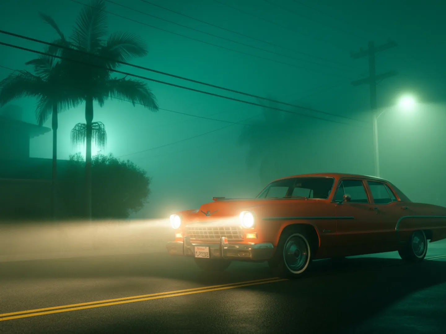 A cinematic, wide-angle shot of a vintage orange sedan parked on a dark, asphalt road at night. The scene is enveloped in a thick, teal-tinted fog that creates a moody, ethereal atmosphere. The car's headlights are turned on, casting powerful beams of warm light through the mist. To the left, the silhouettes of towering palm trees and a suburban house loom in the background, while a solitary streetlamp glows on the right, further illuminating the hazy green air.