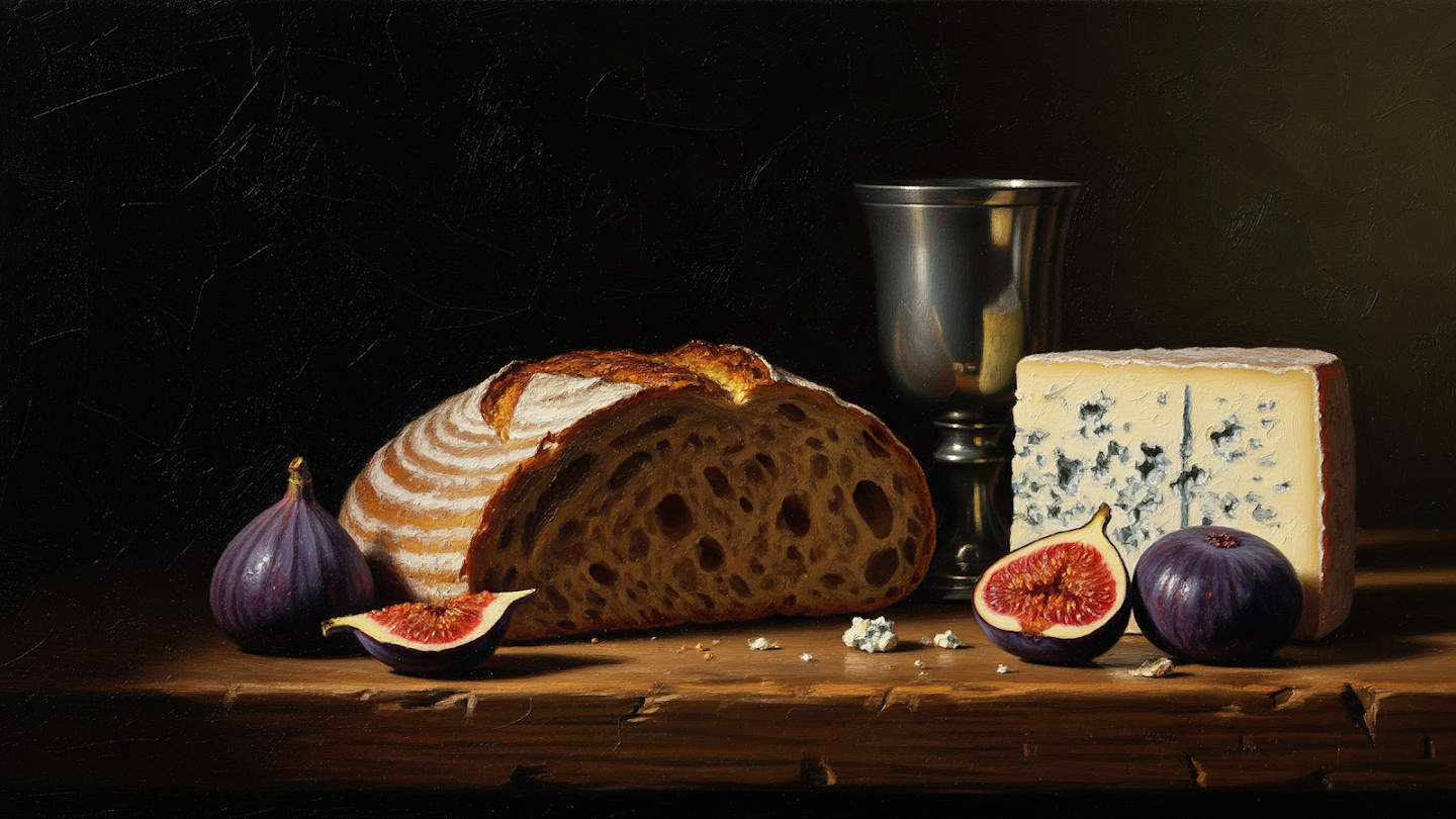 AI-generated image of: a classical realist still life oil painting dramatically lit against a dark background, showcasing the rough, flour-dusted crust of sourdough bread, the crumbly, mold-veined texture of a wedge of blue cheese, and the glistening, gelatinous interior of a sliced fig