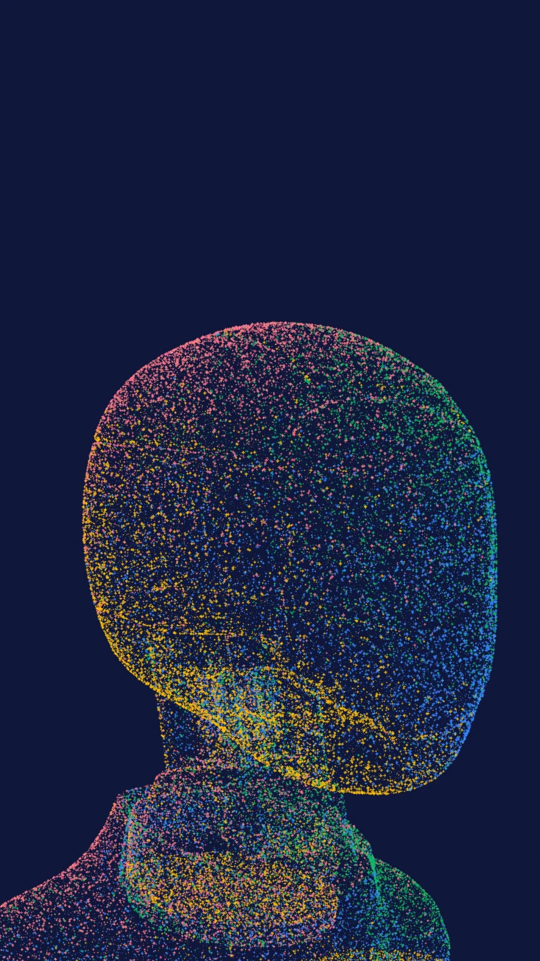 An abstract head formed by multicolored digital particles on a dark navy background, representing the embodied reasoning of Gemini Robotics ER 2.