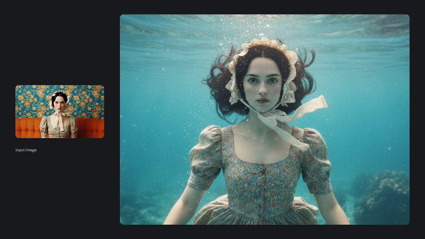  AI-generated image of: a side-by-side comparison. On the left is an input image of a woman wearing a vintage dress and bonnet sitting on an orange couch against floral wallpaper. On the right, the generated output depicts the same woman submerged underwater with floating hair and bubbles, completely replacing the original background.