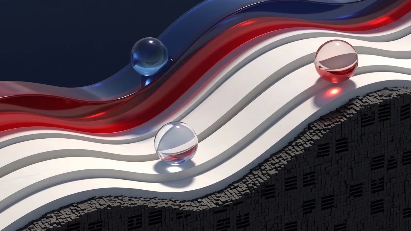 An abstract 3D digital illustration featuring sleek, flowing waves and translucent spheres in a palette of red, white, blue, and black, evocative of South Korean national motifs. The composition consists of vibrant glass-like ribbons and tiered white paths curving diagonally over a dark, textured base composed of millions of tiny black cubes. Three glass spheres—one blue, one clear, and one red—rest within the undulating grooves, while the matte black foundation is intricately patterned with traditional trigram symbols. The lighting is cinematic, casting soft shadows and realistic reflections across the smooth, architectural surfaces to create a sense of fluid motion and modern design.