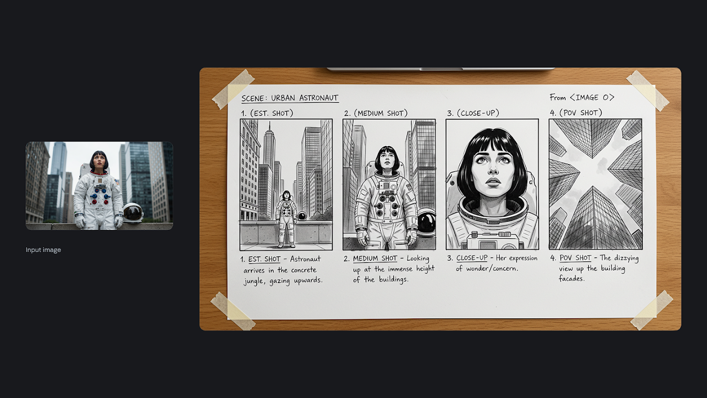 A composite image showing a small photo of a woman in an astronaut suit standing in a city, connected to a four-panel hand-drawn storyboard titled 'Scene: Urban Astronaut' that breaks the photo down into an establishing shot, medium shot, close-up, and POV shot.