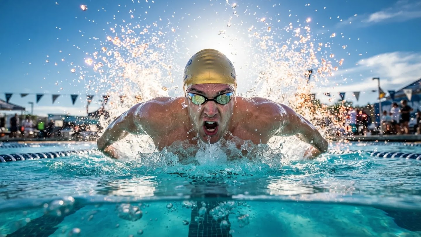 A dynamic action shot of a male swimmer in a gold cap performing the butterfly stroke, with backlit water splashing dramatically around him.