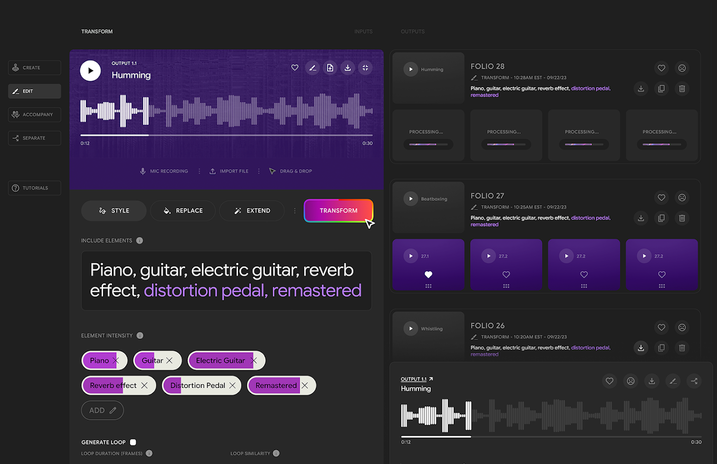 A screenshot of the user interface for music AI tools, displaying features to transform audio files with options for style, replacement, and extension, along with element intensity tags like piano, guitar, electric guitar, reverb effect, distortion pedal, and remastered.