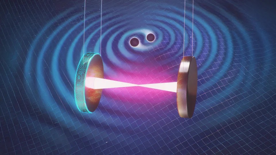 An illustration of two dark black spheres merging against a background of rippling space-time fabric, with a laser-like beam reflecting between two circular mirrors placed in the foreground.