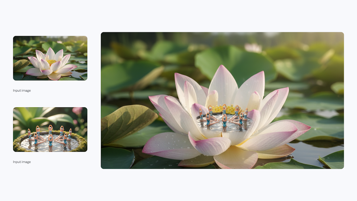 AI-generated image of: a side-by-side comparison showing image merging. On the left are two separate input images: one of a pink and white lotus flower floating on water, and the other a miniature view of synchronized swimmers forming a circle in a pool. On the right, the generated output combines the images, showing the tiny synchronized swimmers positioned inside the center of the large lotus flower, surrounded by water and lily pads.