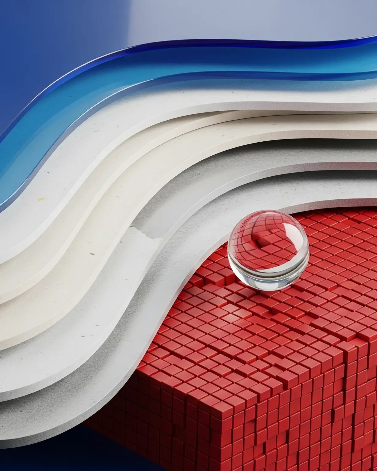 An abstract composition featuring a clear glass sphere resting on a grid of tiny red cubes, bordered by curved, wavy layers of white and blue.