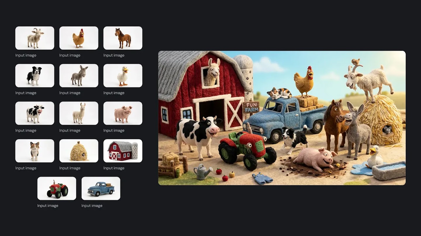 A collage showing individual felt-textured farm characters and items on the left, with a main image on the right featuring them all interacting in a farmyard with a barn, tractor, and truck.