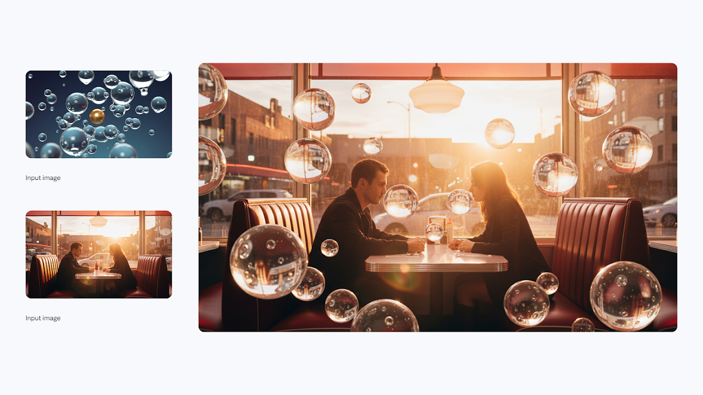 AI-generated image of: a side-by-side comparison showing image merging. On the left are two separate input images: one of floating glass-like bubbles and the other of a couple sitting in a retro diner booth at sunset. On the right, the generated output merges the scenes, showing the couple in the diner surrounded by numerous large, reflective bubbles floating around them.