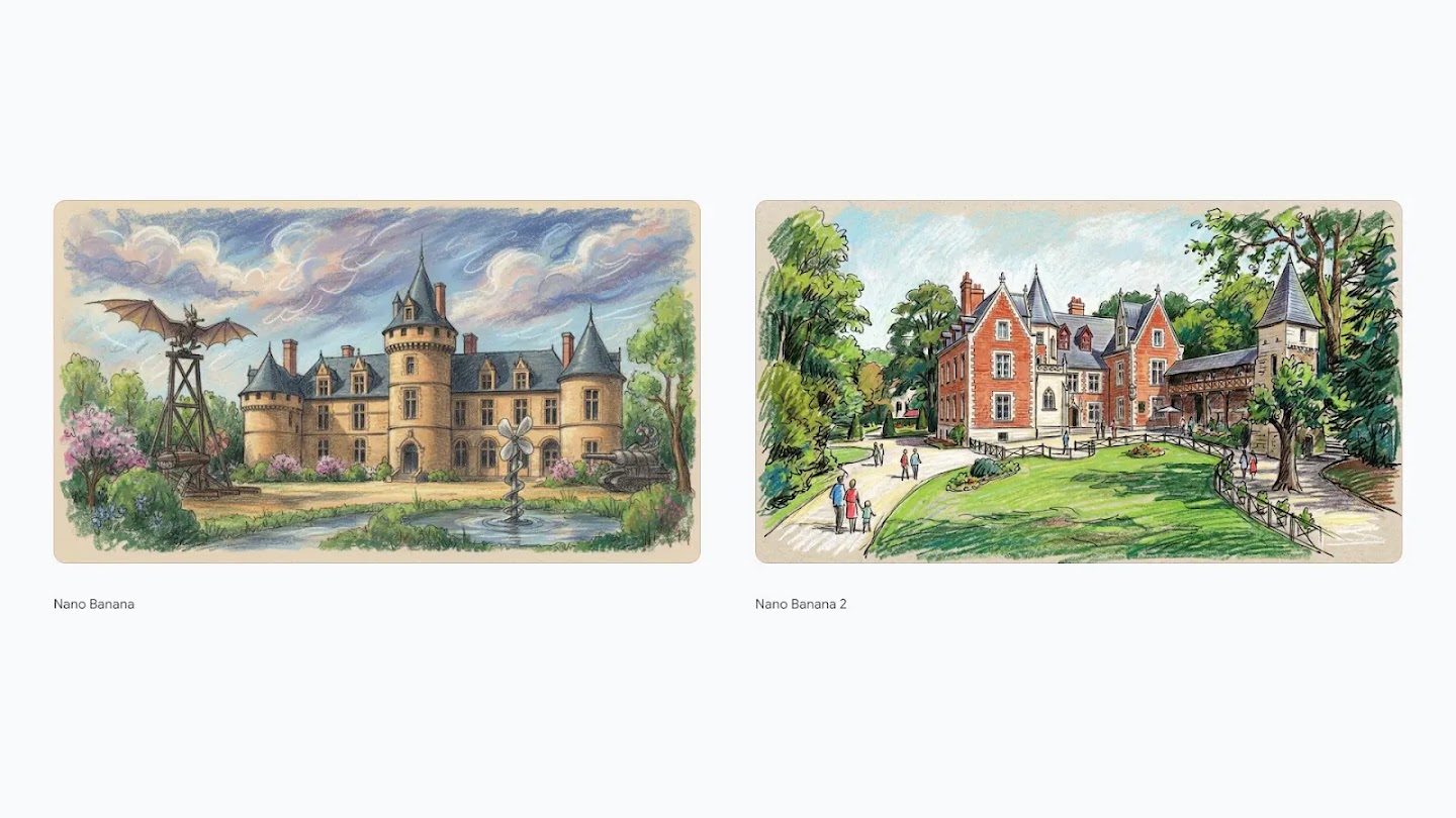 Two side-by-side colorful architectural sketches of grand estates: the left image, labeled "Nano Banana," shows a tan, turreted castle featuring a whimsical dragon statue and a metallic propeller sculpture by a pond; the right image, labeled "Nano Banana 2," depicts a red brick manor with several chimneys, surrounded by lush green trees and people walking on a path.