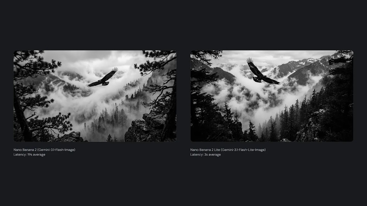 Side-by-side comparison of black-and-white images generated by Nano Banana 2 and Nano Banana 2 Lite, depicting a bird flying over a misty, pine-covered valley.