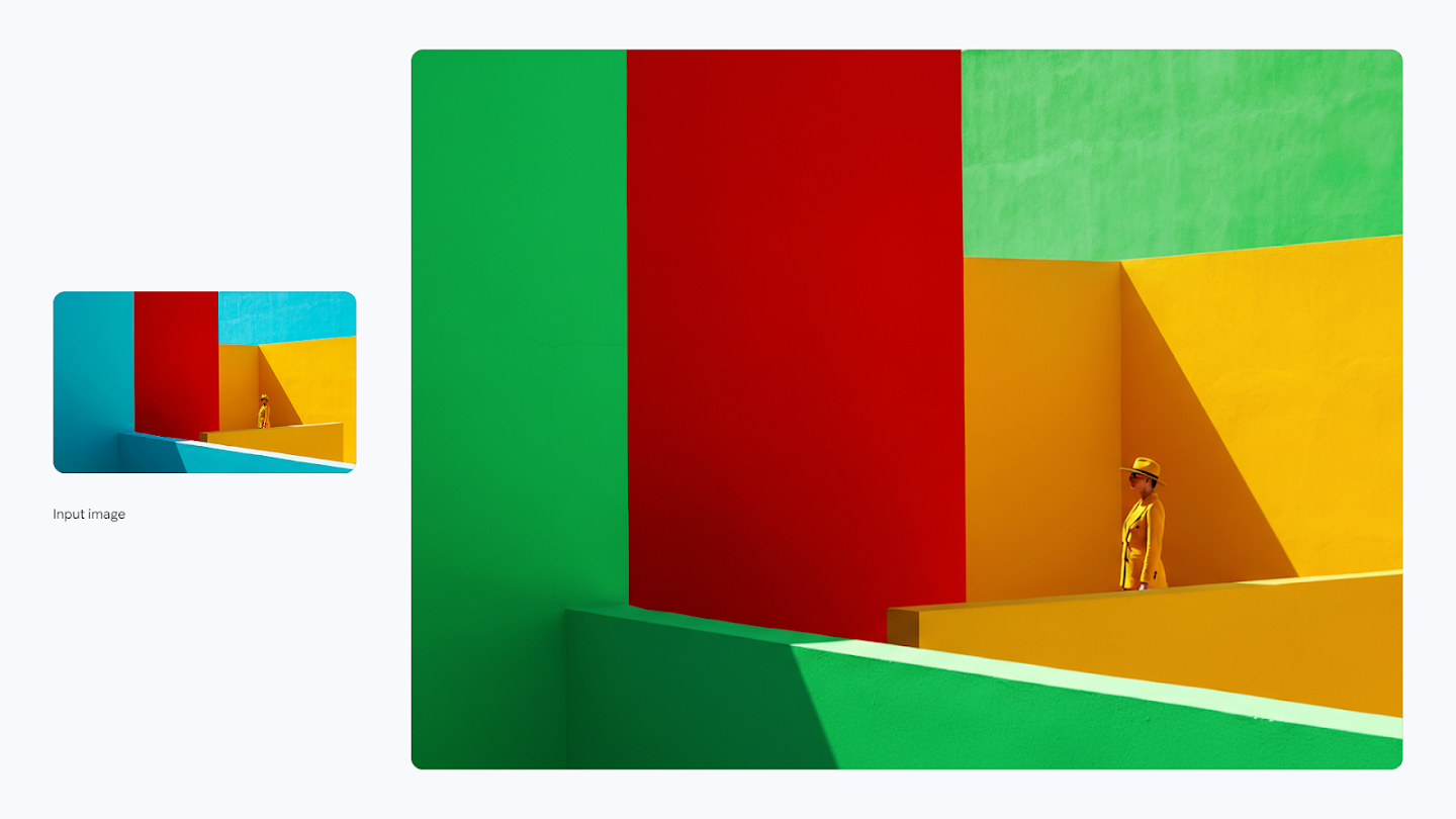 AI-generated image of: a side-by-side comparison showing image editing. On the left is a small input image of a woman in a yellow outfit standing in a minimalist architectural space defined by planes of bright red, yellow, and blue. On the right, the edited, full-size image shows the blue color changed to a bright green, creating a graphic composition of red, yellow, and two shades of green.