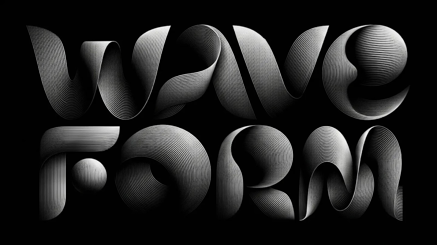 high-contrast graphic featuring the words "WAVE FORM" in a stylized, 3D-effect typography. The letters are composed of numerous fine, parallel white lines on a solid black background, creating a sense of fluid motion and ribbon-like texture.