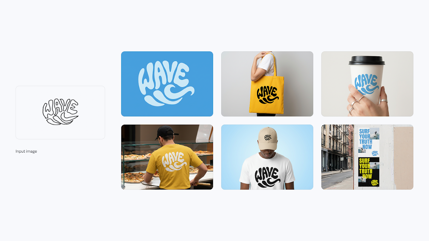 A branding design showcase where a simple black-and-white sketch of a bubbly 'WAVE' logo is transformed into various merchandise mockups. The collection includes the blue vector logo, a yellow tote bag, a paper coffee cup, a yellow t-shirt, a white t-shirt with a cap, and street posters reading 'Surf Your Truth Now,' all featuring the logo.