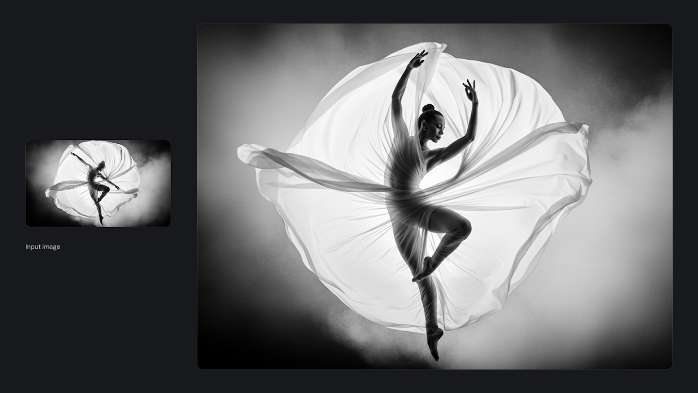 AI-generated image of: a side-by-side comparison showing image editing. On the left is a small input image of a ballerina mid-leap, surrounded by swirling sheer fabric. On the right, the edited, full-size image shows the same ballerina in a different pose, with her arms dramatically raised above her head, still wrapped in the flowing fabric in a black and white image.