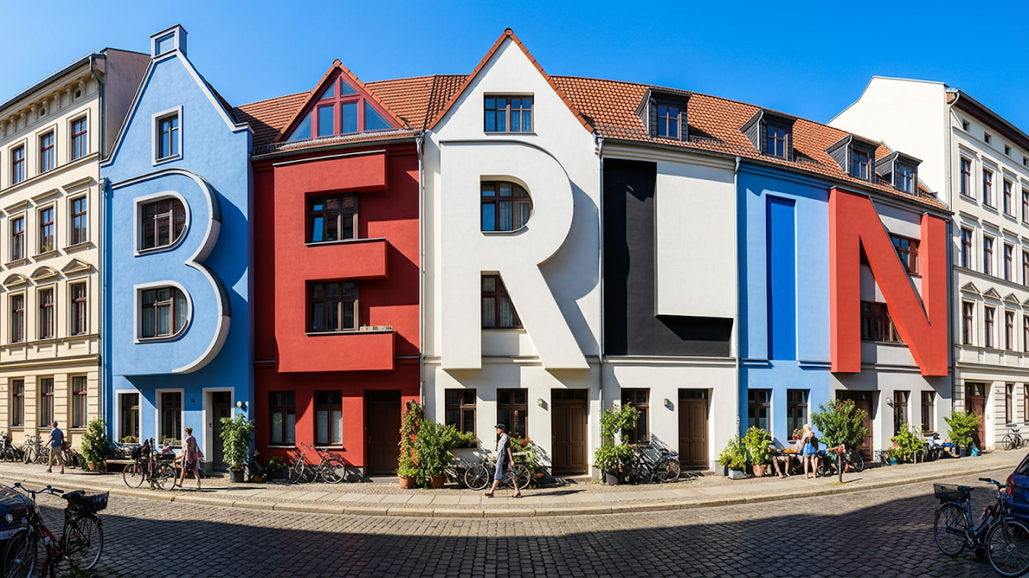 A street view of colorful row houses under a blue sky, where the architectural facades of the buildings are shaped to spell out the word 'BERLIN' in large, multi-colored capital letters.