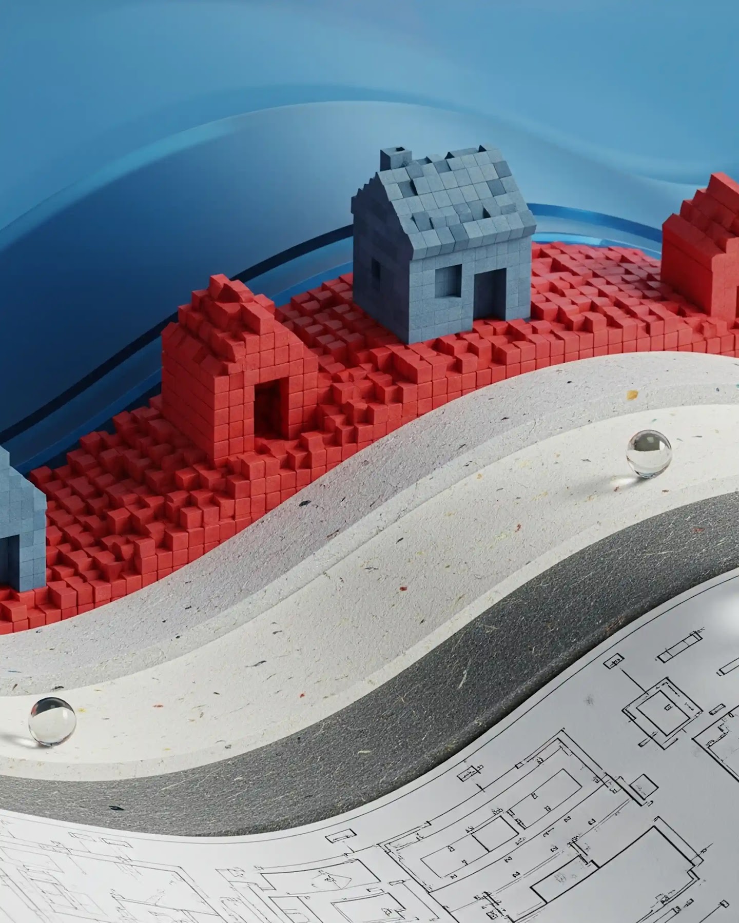 Conceptual 3D illustration representing housing development, featuring miniature red and blue block houses arranged along wavy paths that rise from architectural blueprints.