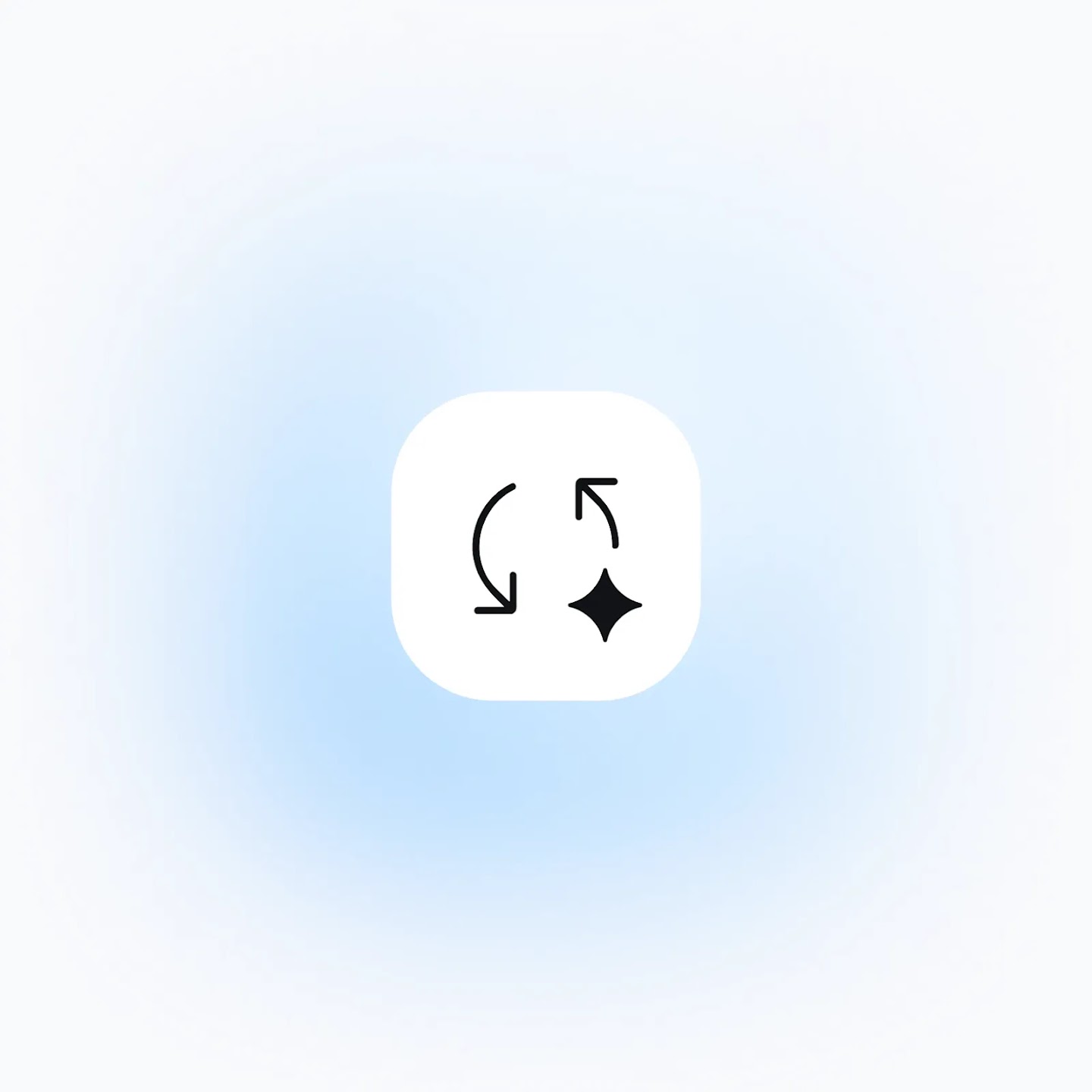 A minimalist icon of two curved arrows and a four-pointed star inside a white rounded square on a soft blue glowing background.