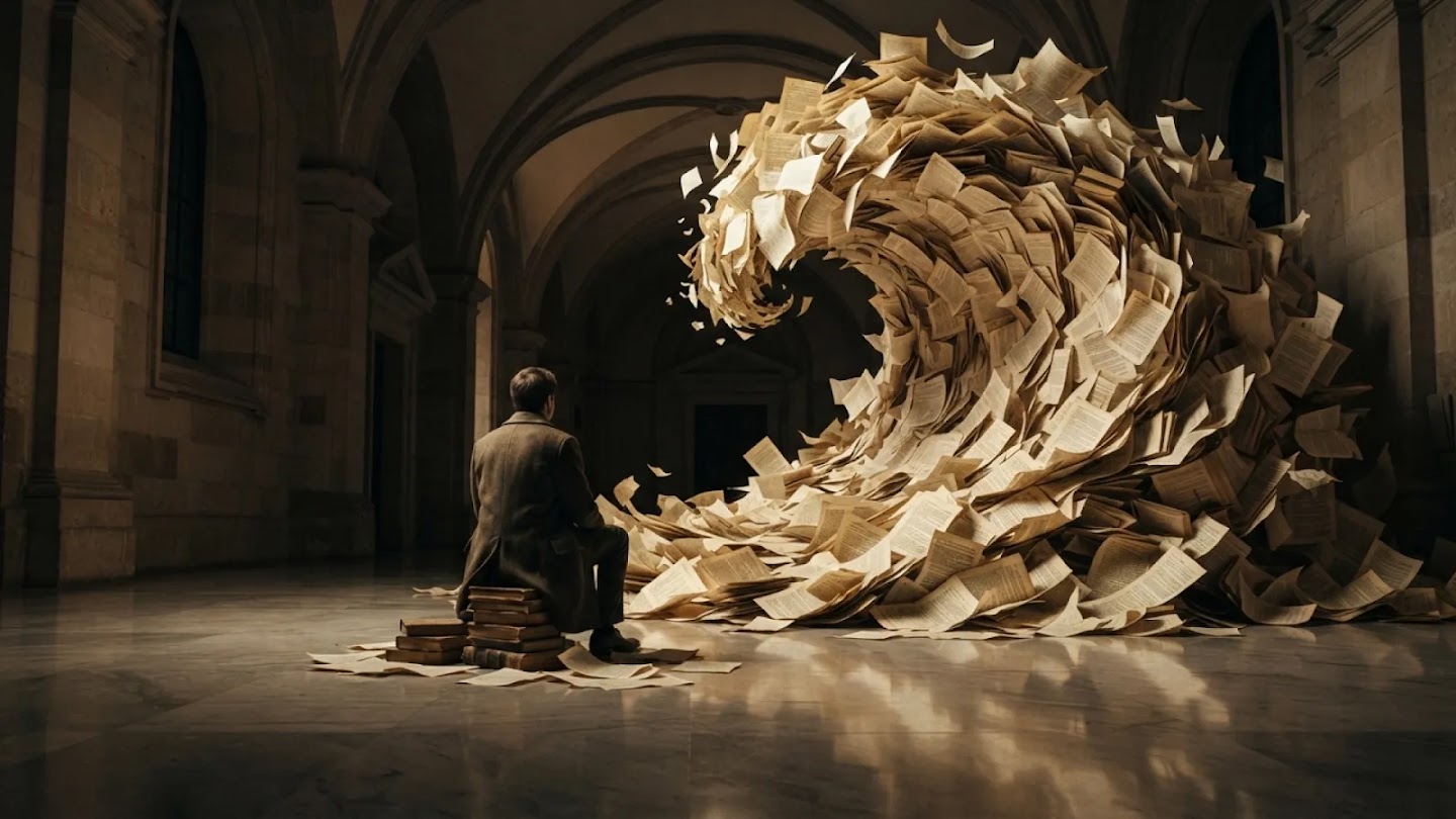 An artistic image of a man sitting on a stack of books, looking at a massive tidal wave made of flying paper sheets inside a grand, vaulted hall.