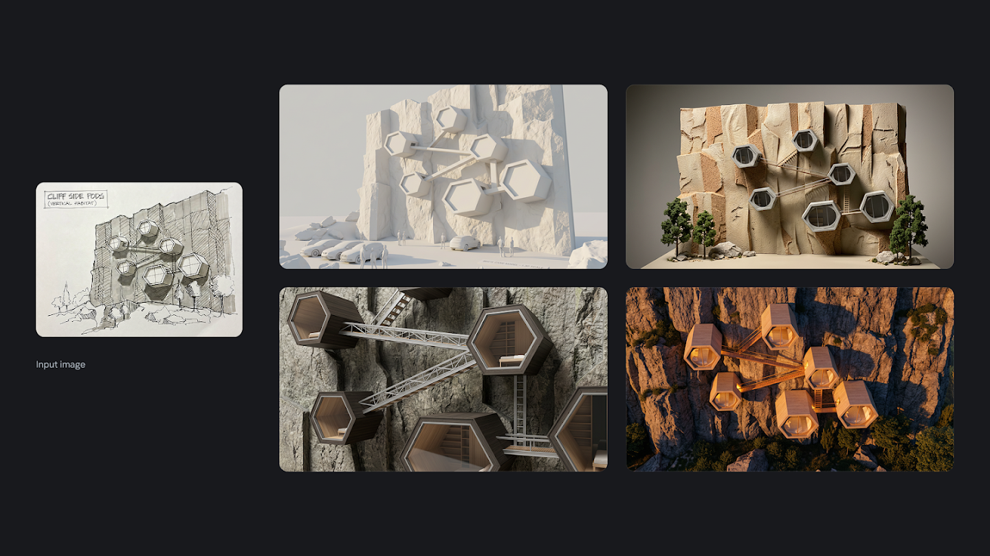 An architectural visualization display starting with a hand-drawn sketch titled 'Cliff Side Pods (Vertical Habitat).' The sketch is visualized in four distinct 3D rendering styles: a clean white 'clay' model, a realistic miniature diorama model, a close-up view of the metal walkways, and a dramatic sunset rendering of the wooden hexagonal pods attached to a rocky cliff.