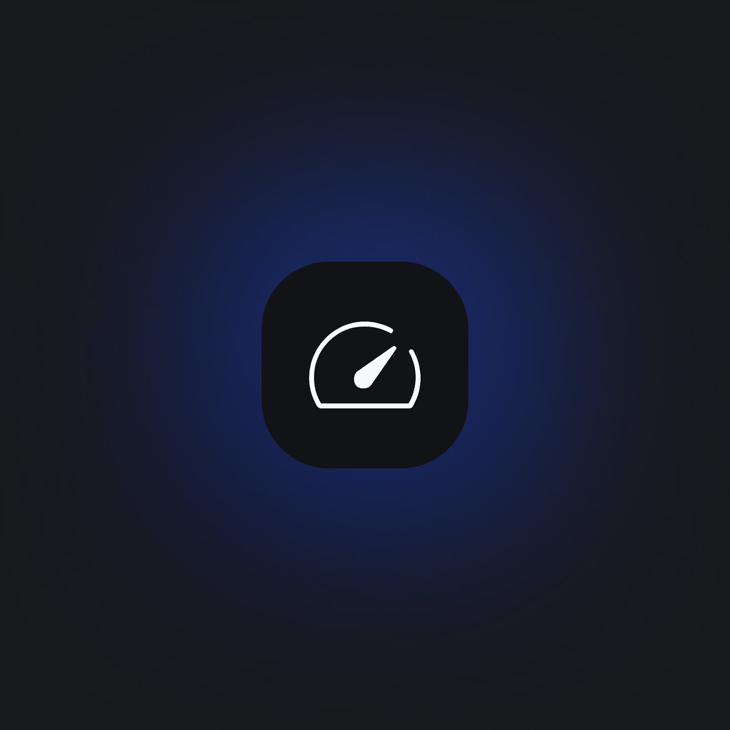 A minimalist speedometer icon representing low-latency performance on a dark blue background.