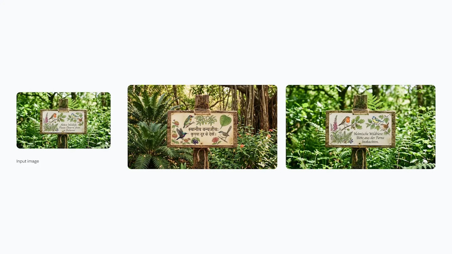 An image composition showing a "Native Wildlife" sign as the input image, followed by versions of the same image localized in Hindi and German.