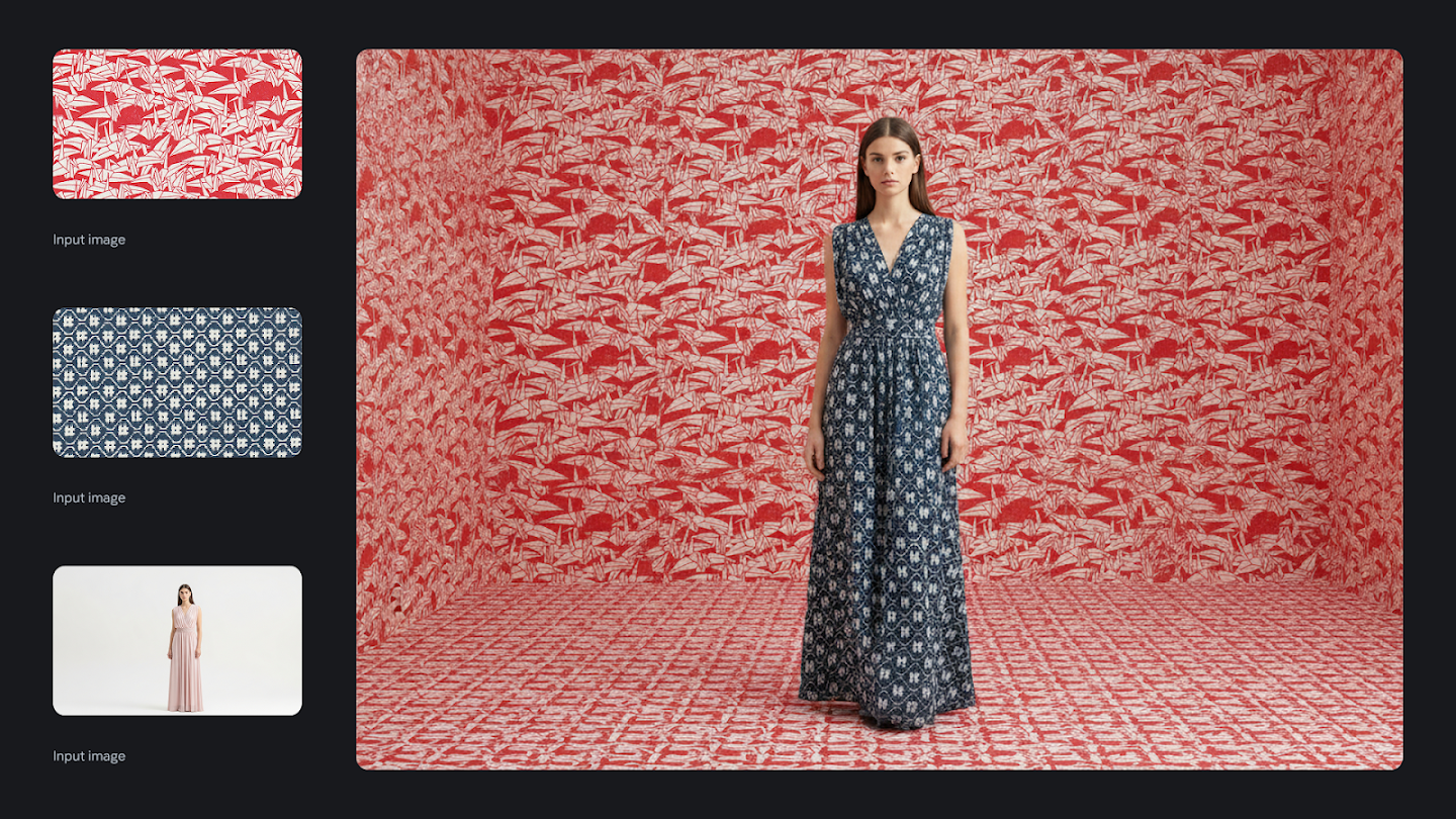 AI-generated image of: a side-by-side comparison showing image merging. On the left are three input images: a red and white leaf pattern, a blue and white geometric pattern, and a woman in a plain pink dress. On the right, the generated output shows the woman standing in a room with the red and white leaf pattern covering the walls and floor, while she is wearing a long dress with the blue and white geometric pattern.