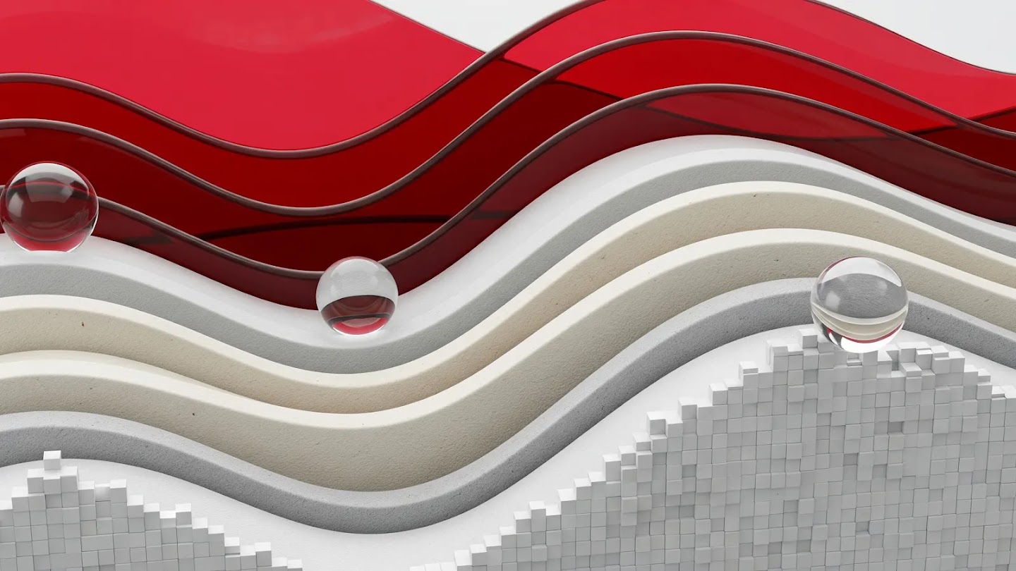This abstract 3D visual depicts a layered composition of varying textures and dimensions. The upper portion features fluid, undulating forms in deep crimson and white, defined by sharp geometric lines. Beneath these waves, the landscape evolves into a granular, etched surface with rhythmic grooves. A structured grid of white pixelated cubes anchors the lower right corner, while three translucent, crystalline spheres float across the foreground. These spheres are arranged at differing depths, adding a reflective quality and a heightened sense of three-dimensional space to the overall scene.