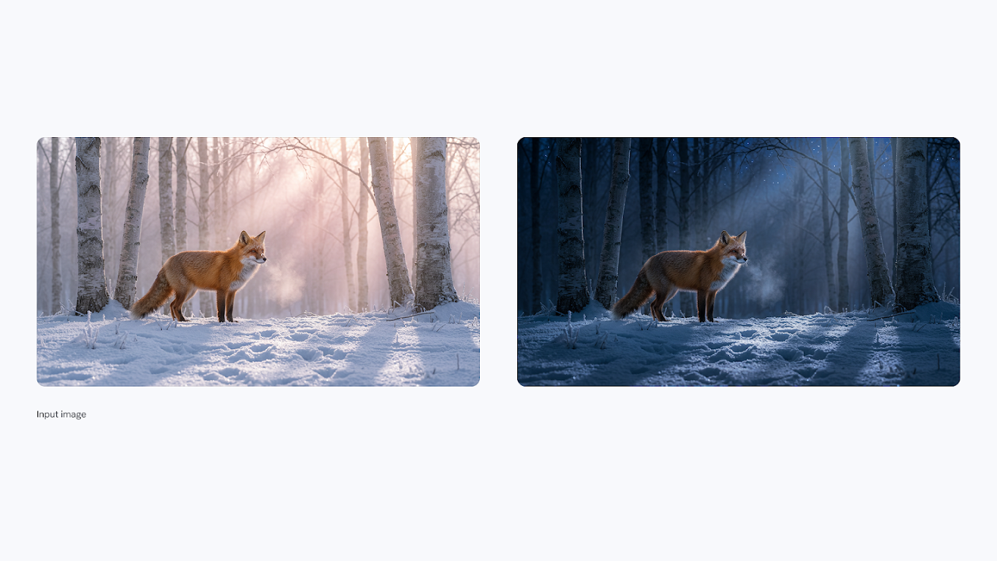 A comparison showing how color grading changes the mood of a photo of a red fox in a snowy birch forest. On the left, the scene is lit with warm, pink sunlight. On the right, the same image is color-graded with cool, deep blue tones to simulate a moonlit night.