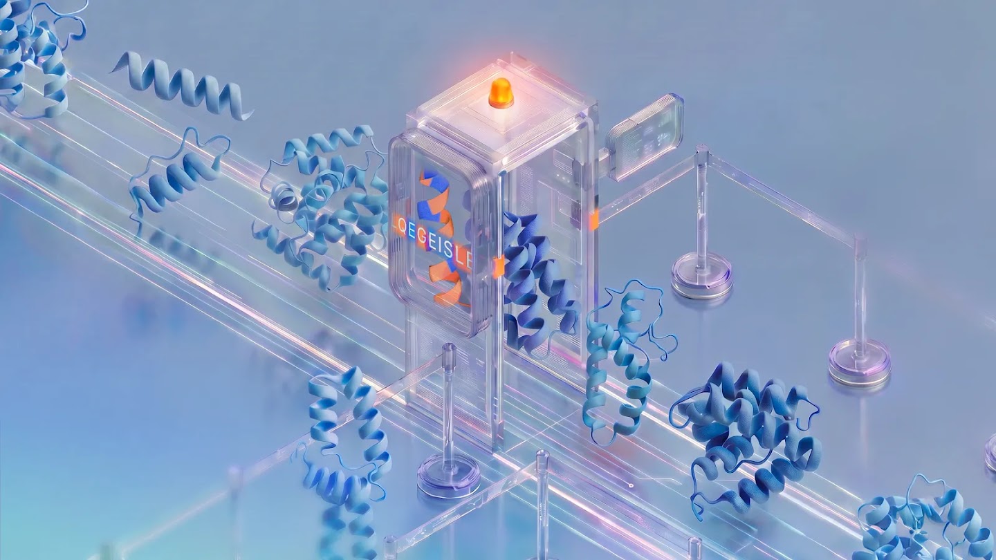 An isometric 3D render of blue protein structures passing through a futuristic glass checkpoint scanner.