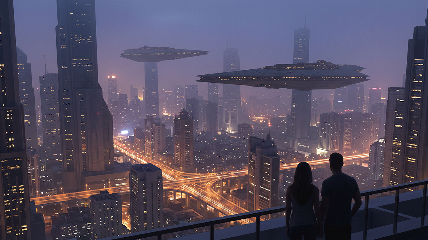 Digital sci-fi artwork depicting a futuristic city skyline at dusk with towering skyscrapers and massive spaceships hovering overhead, viewed by a silhouetted couple standing on a high-rise balcony.