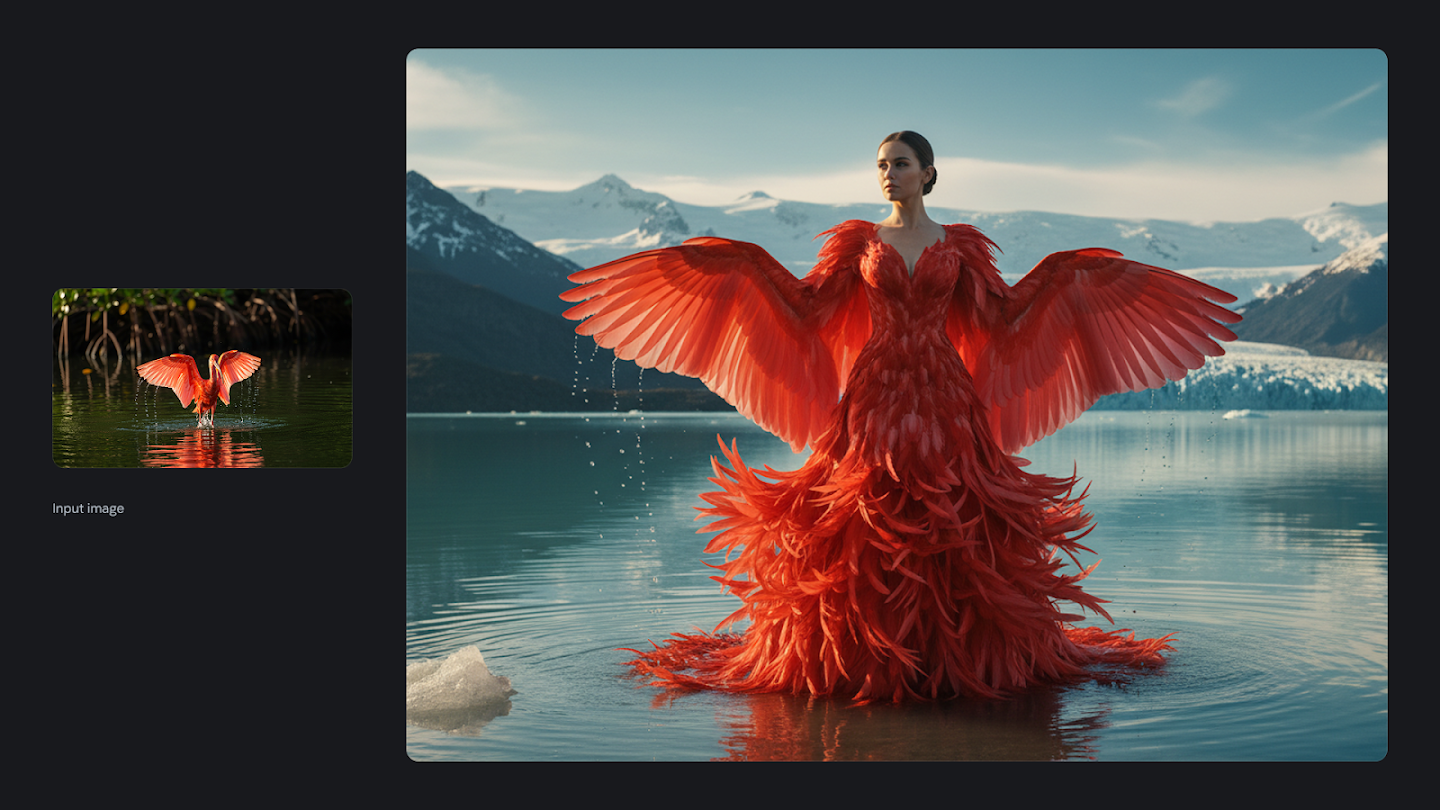 AI-generated image of: a side-by-side comparison. On the left is an input image of a red bird with ruffled feathers taking off from water. On the right, the generated output shows a woman in a dramatic, floor-length, feathered red gown standing in shallow water, with the dress's sleeves forming large wings, set against a background of a glacier lake and snow-capped mountains.