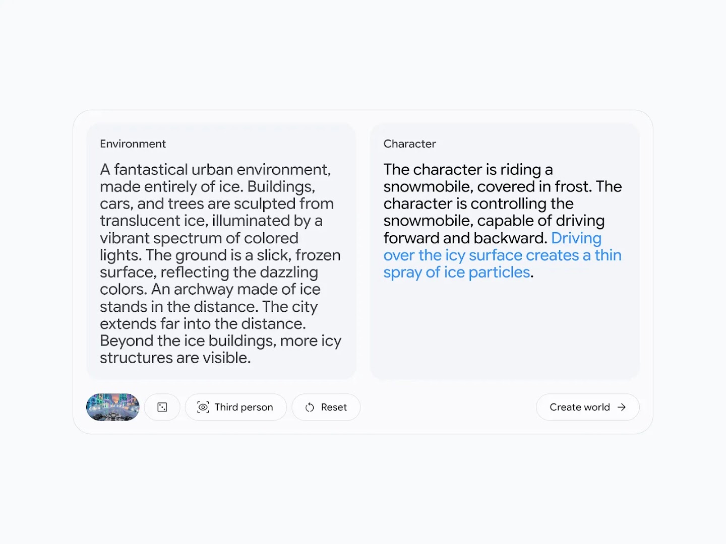 A two-column prompt interface for creating a virtual world; the right column, labeled "Character," includes highlighted blue text describing how the character driving over the icy surface creates a thin spray of ice particles, beside an "Environment" column detailing a fantastical icy city.