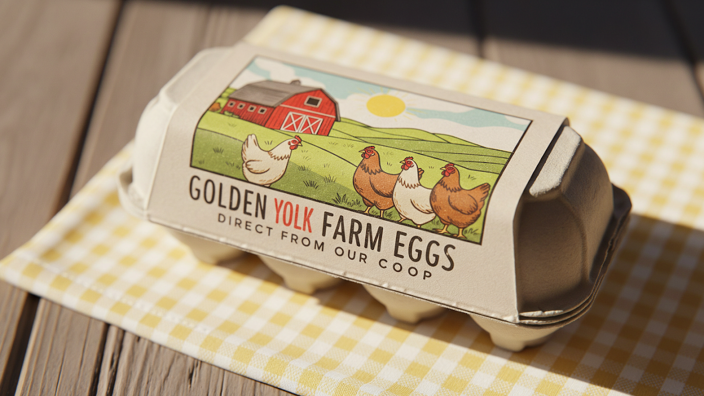 AI-generated image of: a close-up of a beige molded pulp egg carton sitting on a yellow gingham cloth, featuring a detailed label with a red barn illustration and text reading "GOLDEN YOLK FARM EGGS"