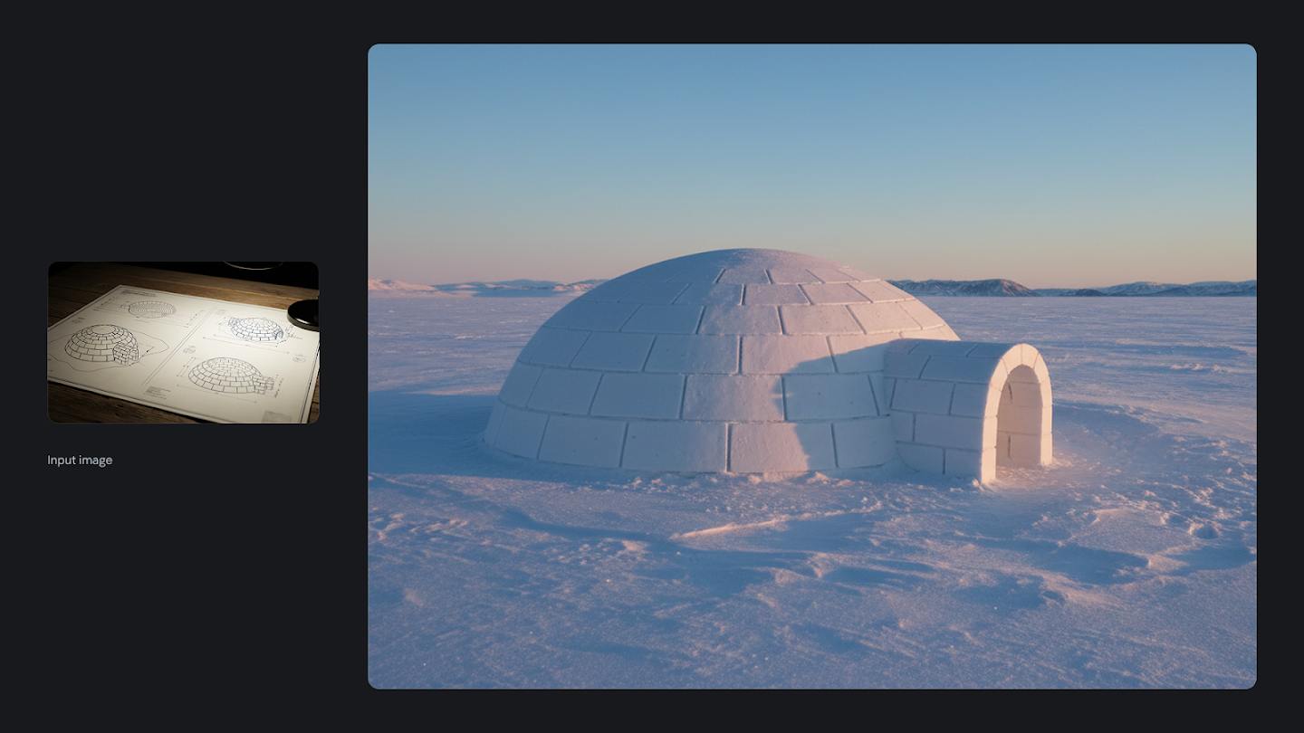 AI-generated image of: a side-by-side comparison. On the left is an input image of architectural blueprints for an igloo. On the right, the generated output shows a completed, realistic-looking igloo built from snow blocks, sitting in a snow-covered arctic landscape under a clear blue sky.