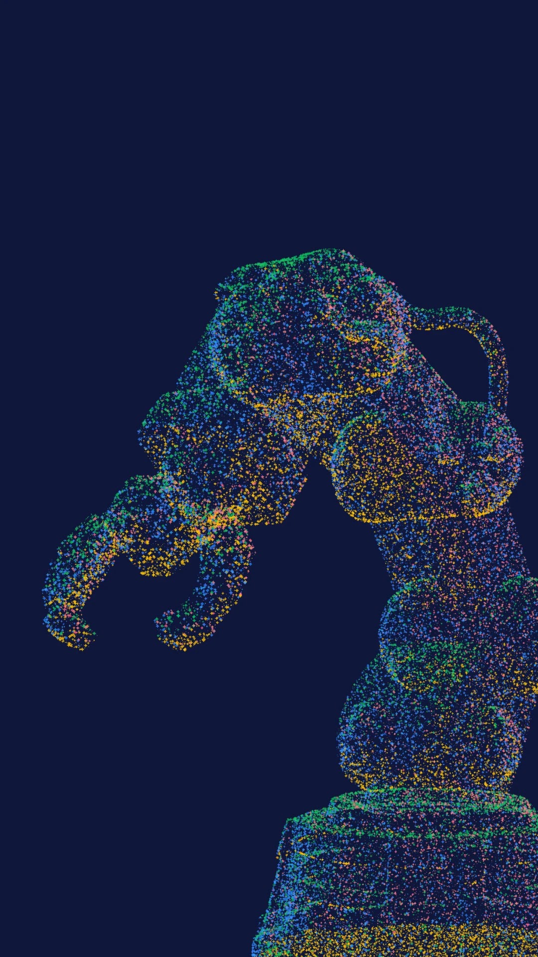 An abstract robotic arm formed by multicolored digital particles on a dark navy background, representing Gemini Robotics On-Device 2.