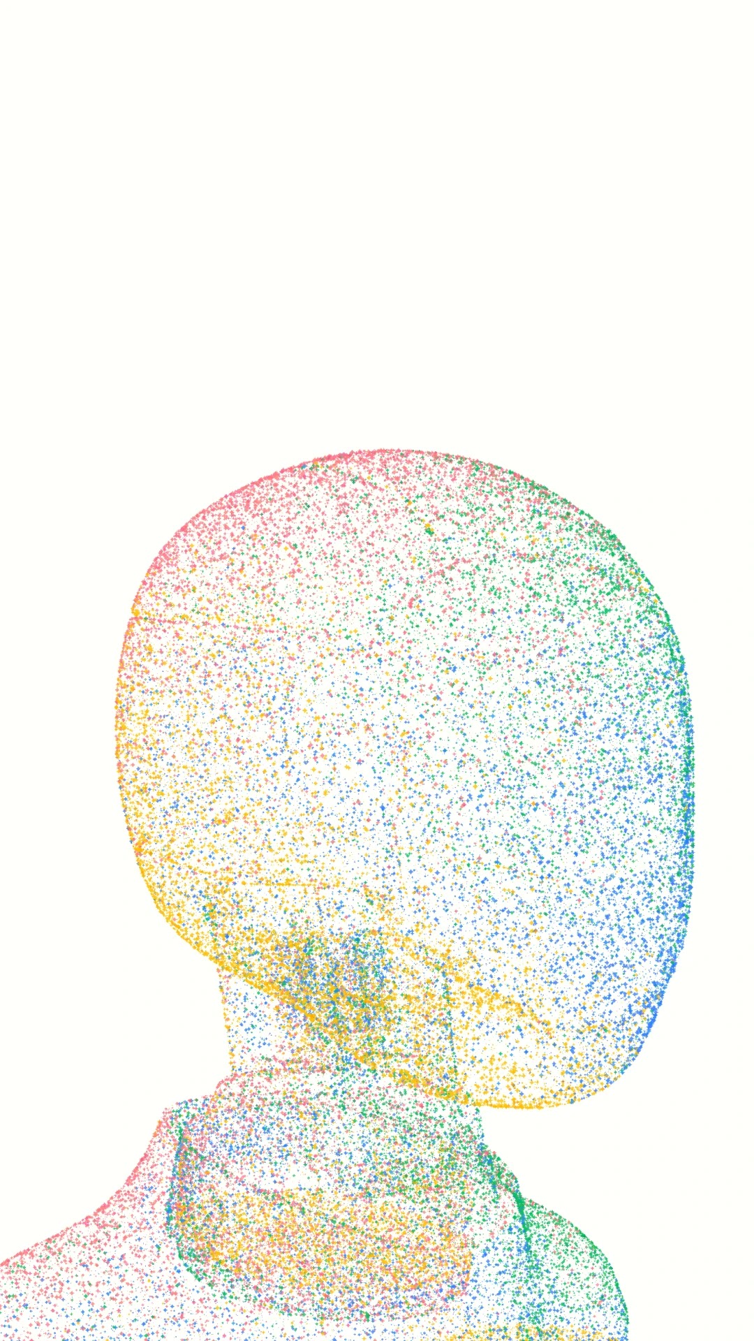 An abstract head formed by multicolored digital particles on a white background, representing the embodied reasoning of Gemini Robotics ER 2.