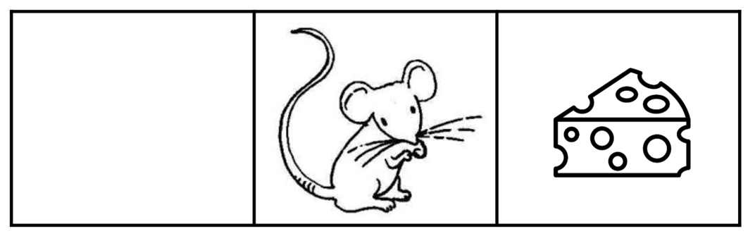 Three connected text boxes. The first one on the left is empty. The second one has a sketch of a mouse inside. The last one on the right has a drawing of a cartoon-style piece of cheese with holes in it.