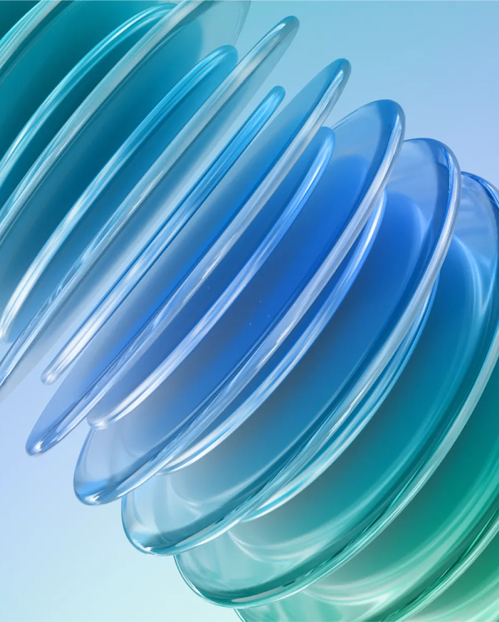 An abstract 3D illustration of stacked, translucent glass discs in shades of blue and green, representing the structured layers of the Frontier Safety Framework.