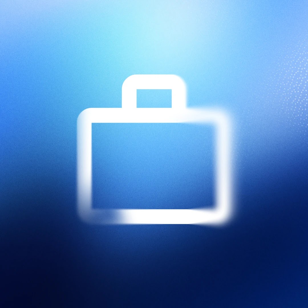 A glowing white outline of a briefcase icon on a textured blue gradient background.