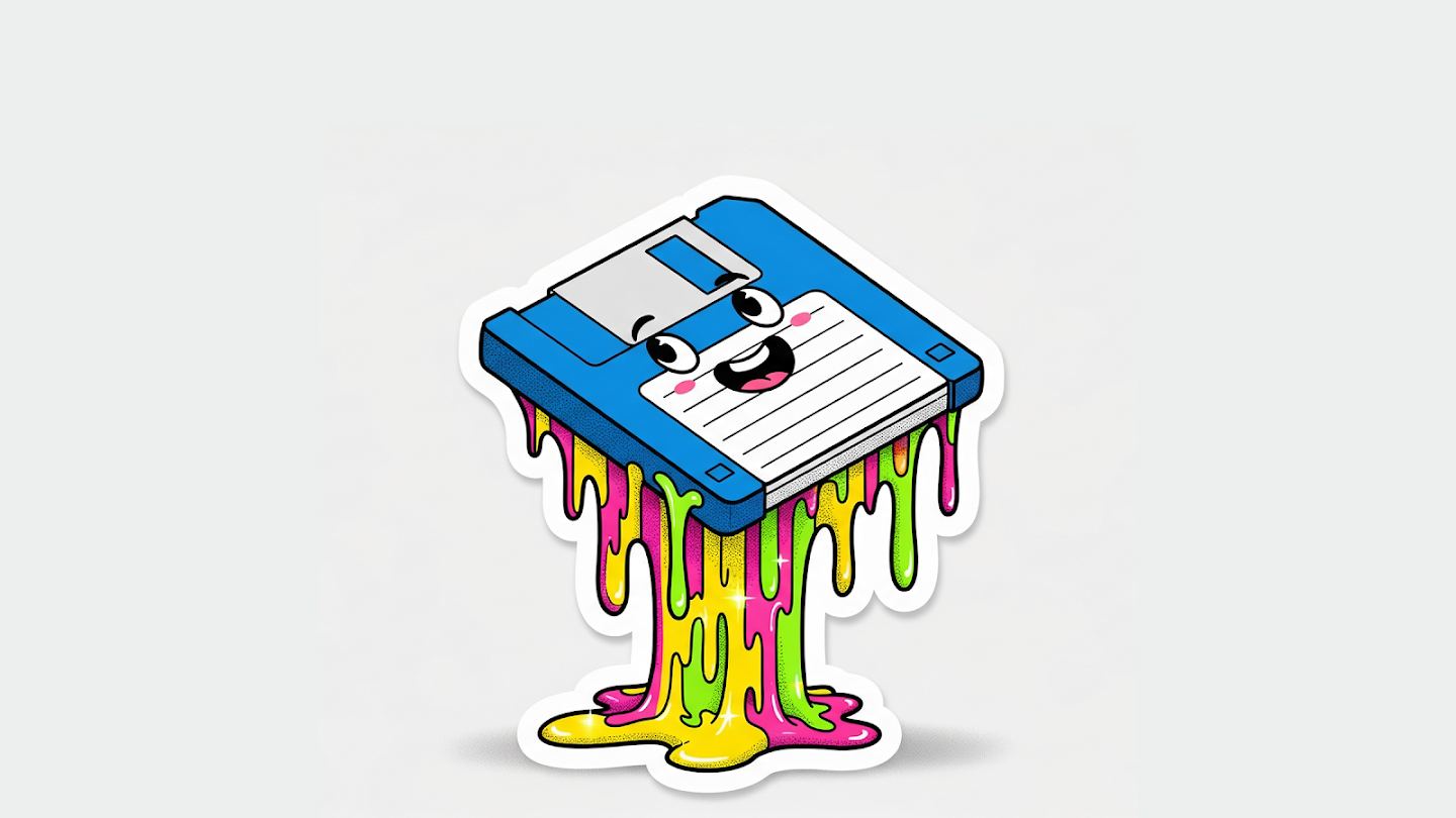 AI-generated image of: a sticker of a happy cartoon blue floppy disk melting at the bottom into vibrant, multi-colored neon slime